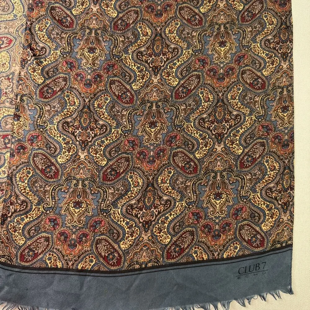 Vintage '80s Club 7 Echo Blue & Burgundy Paisley Silk Fringe Scarf 11
